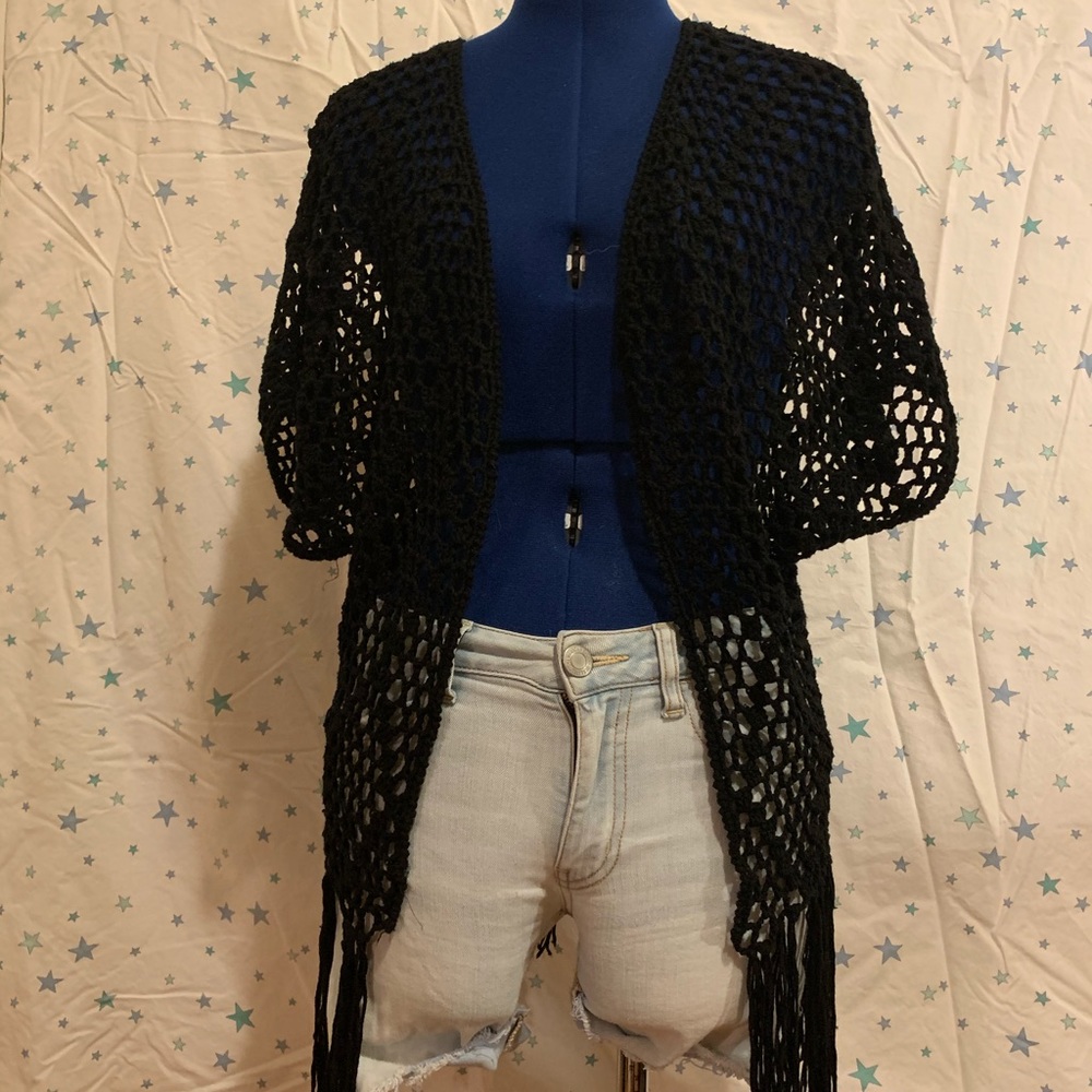 Black mesh tasseled wrap